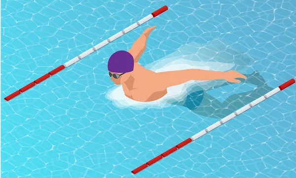 Nadadores masculinos isométricos haciendo estilo mariposa en diferentes carriles de natación. Fondo deportivo — Vector de stock