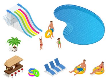İzometrik yaz su park tatil Icons set. Yüzme Havuzu ve su kaydırağı. Beyaz arka plan üzerinde izole vektör çizim