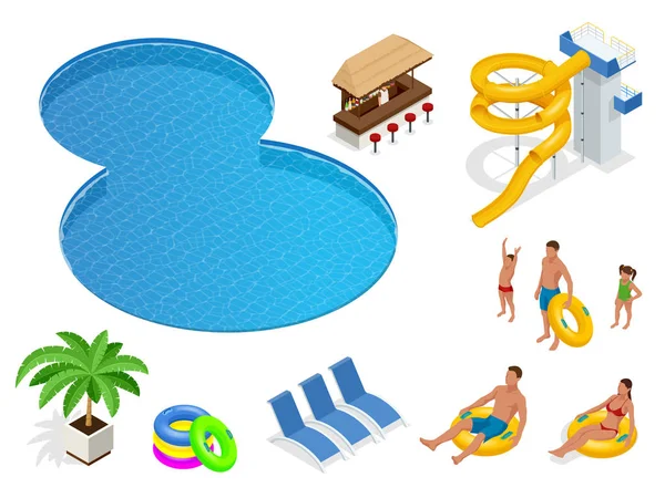 Isometrisch instellen iconen van water park zomervakantie Zwembad en glijbanen. Vectorillustratie geïsoleerd op witte achtergrond — Stockvector