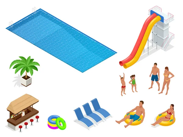 Iconos de conjunto isométricos de vacaciones parque acuático de verano. Piscina y toboganes acuáticos. Ilustración vectorial aislada sobre fondo blanco — Archivo Imágenes Vectoriales