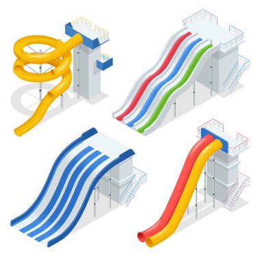 İzometrik renkli su kaydırağı ve tüpler, aquapark donanımları, etiket tasarımı için ayarla. Yüzme Havuzu ve su vektör illüstrasyon izole beyaz arka plan üzerinde slaytlar