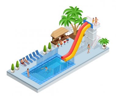 İzometrik Aqua Park ile su kaydırağı, su havuzu, insanlar ya da ziyaretçiler ve avuç içi. Beyaz arka plan üzerinde izole vektör çizim