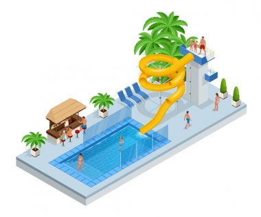 İzometrik Aqua Park ile su kaydırağı, su havuzu, insanlar ya da ziyaretçiler ve avuç içi. Beyaz arka plan üzerinde izole vektör çizim