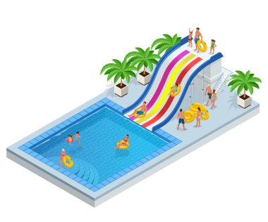 İzometrik Aqua Park ile su kaydırağı, su havuzu, insanlar ya da ziyaretçiler ve avuç içi. Beyaz arka plan üzerinde izole vektör çizim