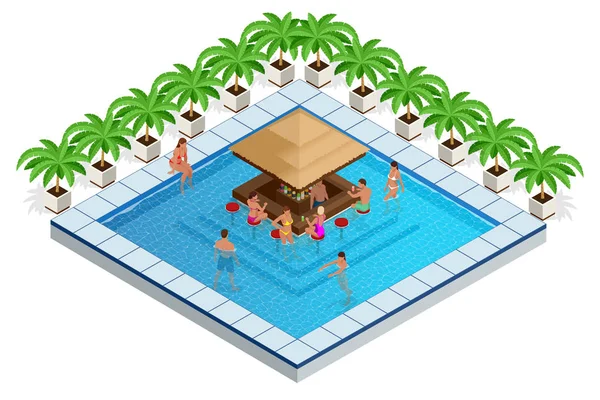 Piscina com Bar Isométrico Vector Ilustração. os jovens nadam na piscina, relaxam e bebem coquetéis no bar . — Vetor de Stock