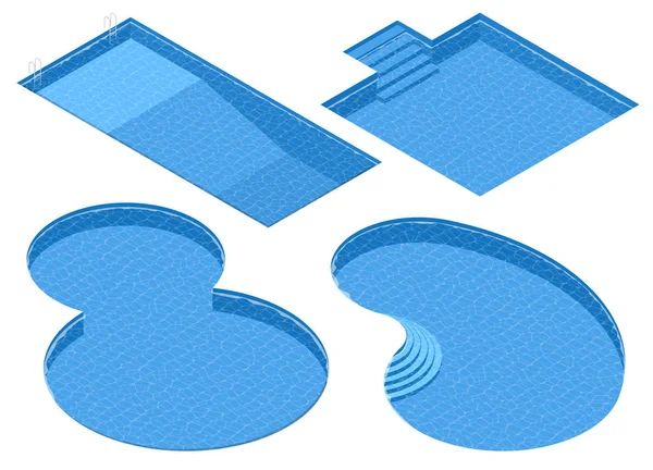 Isometrische Satz verschiedener Formen Schwimmbäder. rechteckig, quadratisch, doppelt rund, ovaler Pool. — Stockvektor