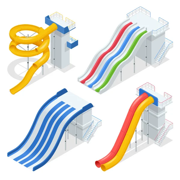 Isometrische farbenfrohe Wasserrutschen und -röhren, Aquapark-Ausrüstung, Set für die Gestaltung von Etiketten. Schwimmbad und Wasserrutschen Vektor-Illustration isoliert auf weißem Hintergrund — Stockvektor