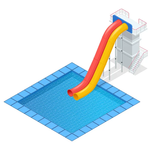 Isométrico tobogán acuático colorido y tubos con piscina, equipo de aquapark, conjunto para el diseño. Piscina y toboganes de agua Ilustración vectorial aislada sobre fondo blanco — Vector de stock