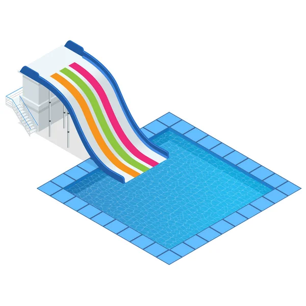 Izometrické barevný tobogán s bazénem, aquapark zařízení, nastavte pro design. Bazén a vodní skluzavky vektorové ilustrace izolované na bílém pozadí — Stockový vektor