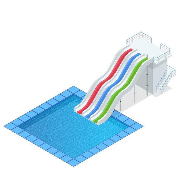 Isométrico tobogán acuático colorido con piscina, equipo de aquapark, conjunto para el diseño. Piscina y toboganes de agua Ilustración vectorial aislada sobre fondo blanco — Vector de stock