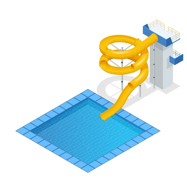 Isometrische farbenfrohe Wasserrutsche und Röhren mit Pool, Aquapark-Ausstattung, Designset. Schwimmbad und Wasserrutschen Vektor-Illustration isoliert auf weißem Hintergrund — Stockvektor