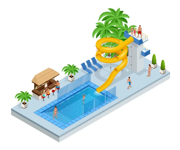 Isometrischer Aquapark mit Wasserrutschen, Wasserbecken, Menschen oder Besuchern und Palmen. Vektor-Illustration isoliert auf weißem Hintergrund — Stockvektor