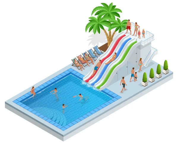 Parque Aquático Isométrico com escorregas de água, piscina de água, pessoas ou visitantes e palmeiras. Ilustração vetorial isolada sobre fundo branco —  Vetores de Stock