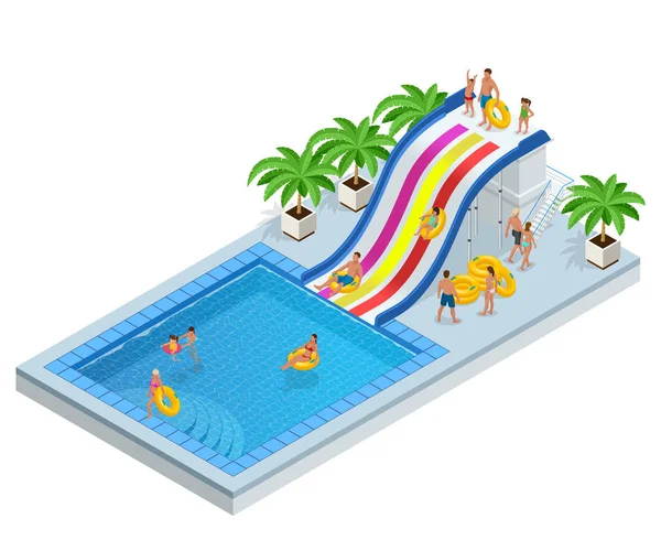 Izometrický Aqua Park s tobogány, vodní bazén, lidé nebo návštěvníků a dlaně. Vektorové ilustrace izolované na bílém pozadí — Stockový vektor