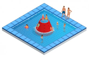 İzometrik su parkı, Aquapark, çocuk s slaytlar illüstrasyon vektör