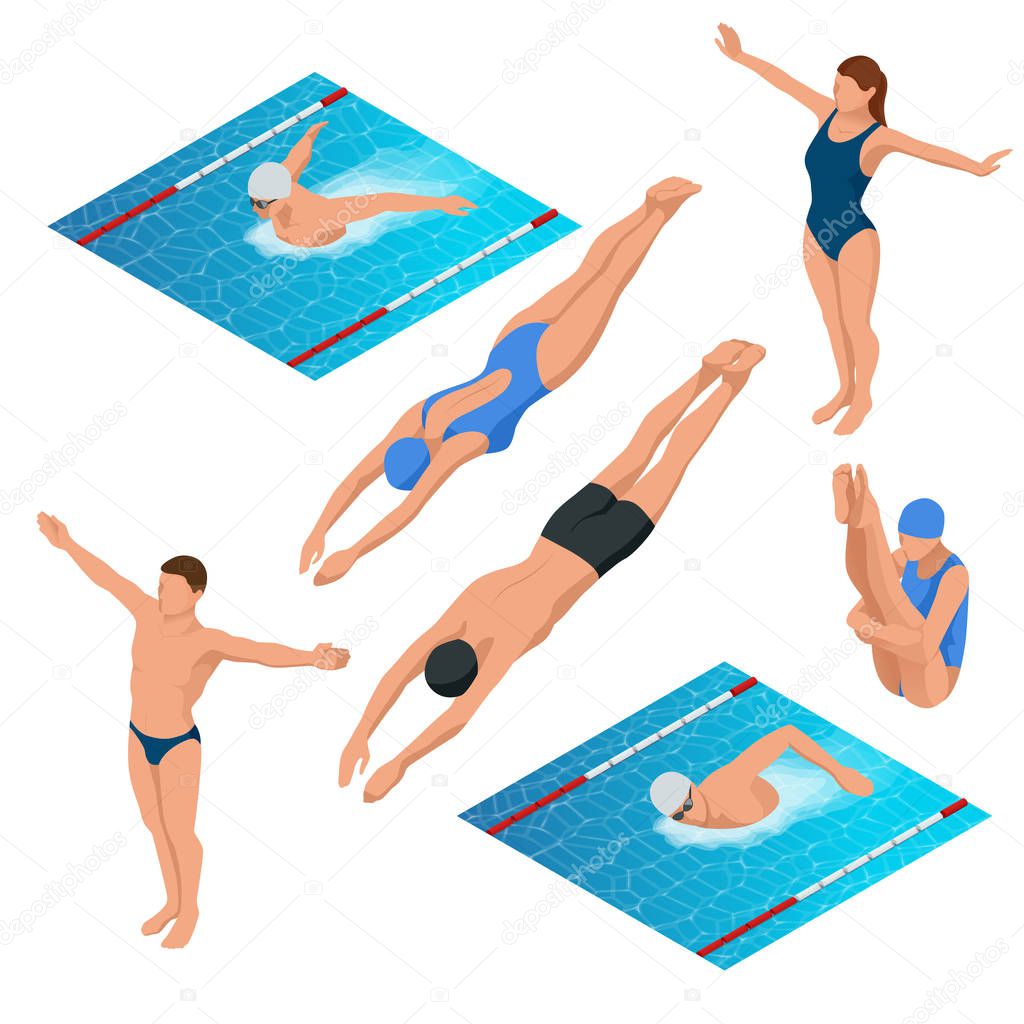 Isometric swimming pool, swimmers human characters vector illustration.