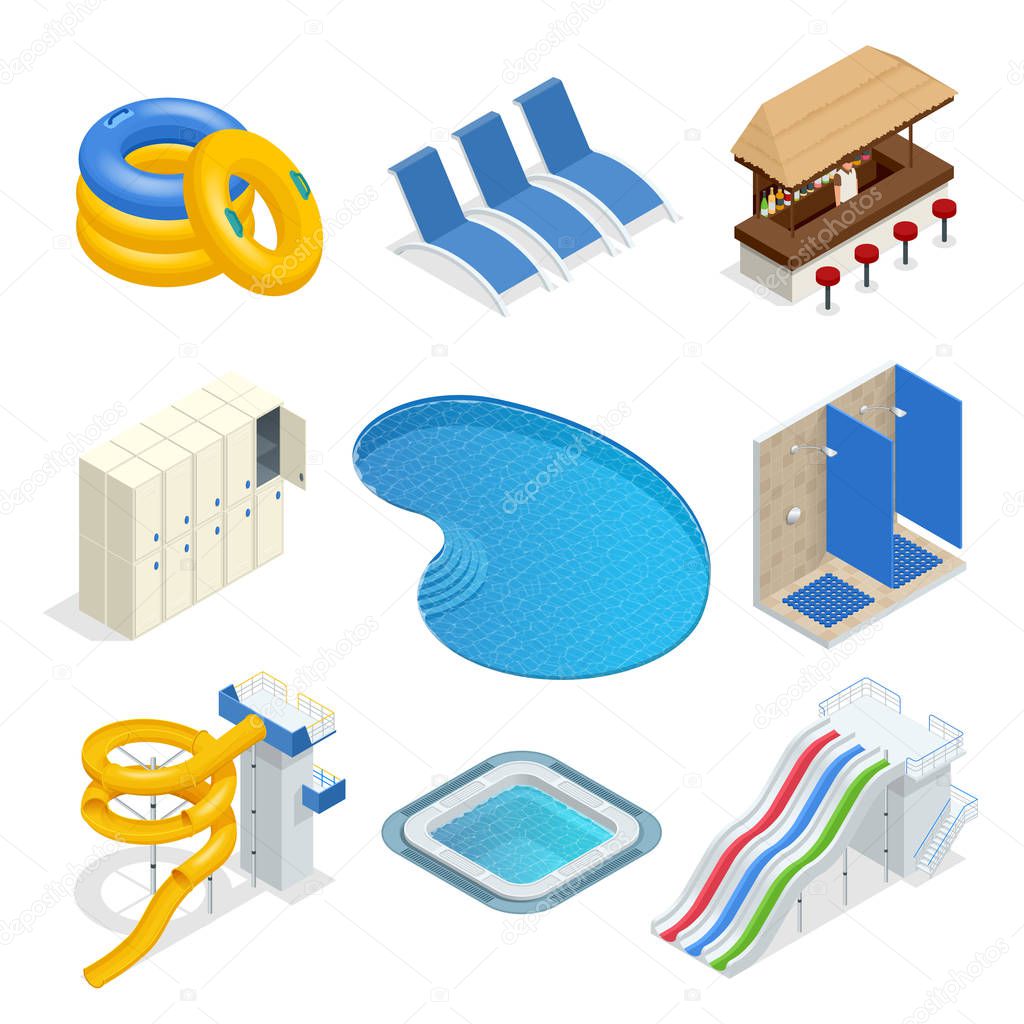 Isometric water park attractions vector icon set with inflatable swimming circles, sun beds, locker room, lockers, pool, bar, shower, slide. Aqua park flat isometric design elements.