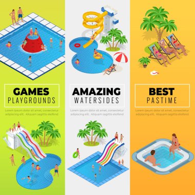 Aquapark dikey web afiş farklı su kaydırağı, Aile su parkı, hills tüpler ve izometrik vektör çizim havuzları. Tasarım web, site, reklam, afiş, poster, yönetim kurulu ve baskı için