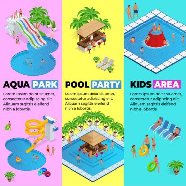 Aquapark dikey web afiş farklı su kaydırağı, Aile su parkı, hills tüpler ve izometrik vektör çizim havuzları. Tasarım web, site, reklam, afiş, poster, yönetim kurulu ve baskı için