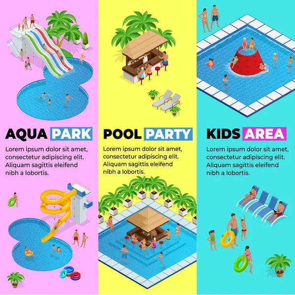 Aquapark dikey web afiş farklı su kaydırağı, Aile su parkı, hills tüpler ve izometrik vektör çizim havuzları. Tasarım web, site, reklam, afiş, poster, yönetim kurulu ve baskı için — Stok Vektör