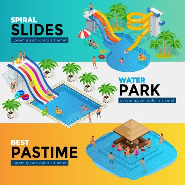 Aquapark horizontal web banners with different water slides, family water park, hills tubes and pools isometric vector illustration. design for web, site, advertising, banner, poster, board and print — Stock Vector