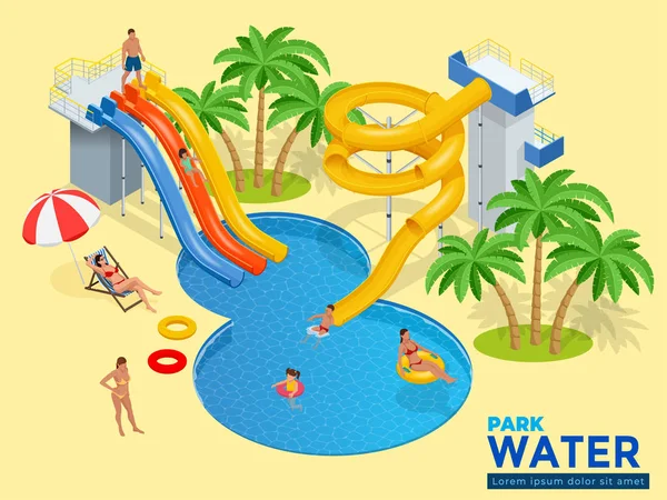Aquapark vízszintes webes reklámcsík különböző vízi csúszdákkal, családi vízi park, hegyek cső és medencék izometrikus vektoros illusztráció. design web, oldal, reklám, banner, plakát, tábla és nyomtatás — Stock Vector