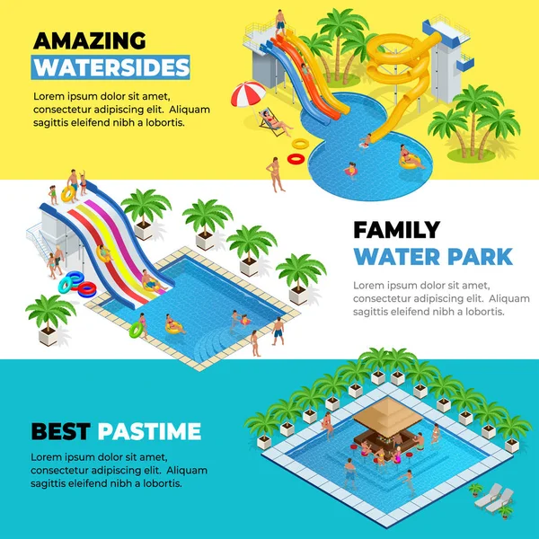 Aquapark horizontal web banners with different water slides, family water park, hills tubes and pools isometric vector illustration. design for web, site, advertising, banner, poster, board and print — Stock Vector