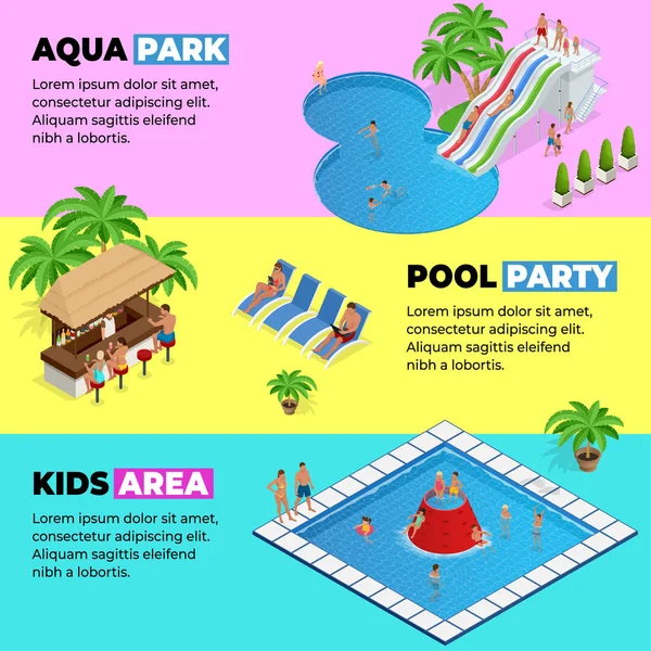 Aquapark horizontale web banners met verschillende glijbanen, familie waterpark, heuvels buizen en zwembaden isometrische vectorillustratie. ontwerp voor het web, website, reclame, spandoek, poster, bestuur en print — Stockvector