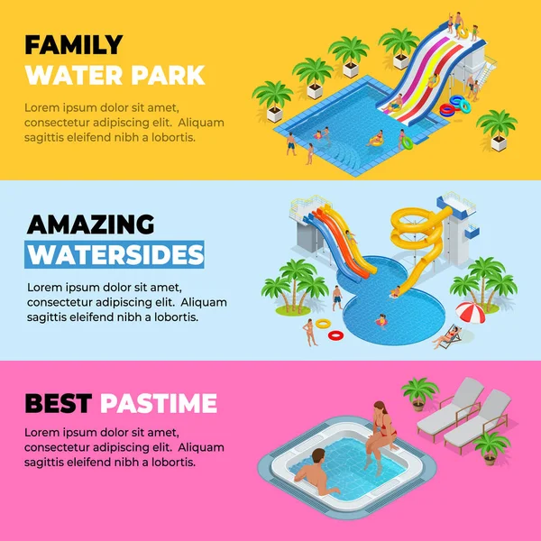 Aquapark horizontal web banners with different water slides, family water park, hills tubes and pools isometric vector illustration. design for web, site, advertising, banner, poster, board and print — Stock Vector