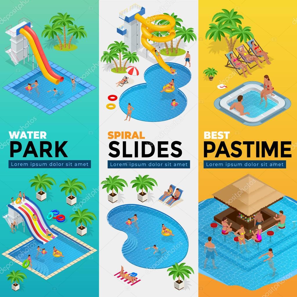 Aquapark vertical web banners with different water slides, family water park, hills tubes and pools isometric vector illustration. design for web, site, advertising, banner, poster, board and print