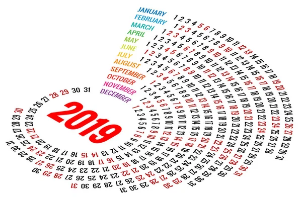 Vector Round Calendar 2019 em fundo branco. Orientação de Retrato. Conjunto de 12 Meses. Planejador para 2019 Ano . —  Vetores de Stock