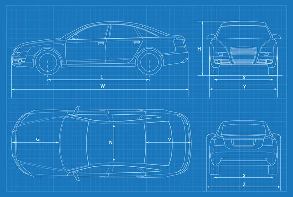 Autó sematikus vagy autó blueprint. Vektoros illusztráció. Sedan autó vázlat. Üzleti sedan jármű sablon vektor. Nézd meg első, hátsó, oldalsó, felső — Stock Vector