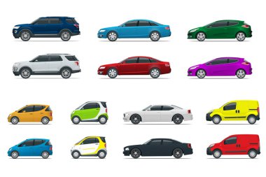 Düz yüksek kaliteli şehir taşıma arabası simge seti. Sedan, van, kargo kamyon, off-road. İçin Infographics, oyun araba için kentsel kamu ve yük taşımacılığı