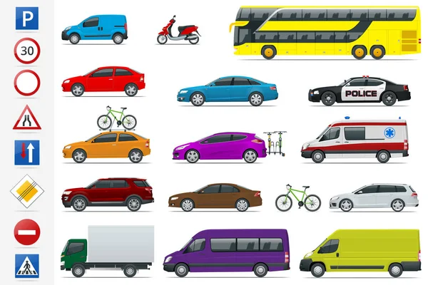 Carros de transporte de cidade de alta qualidade plana e conjunto de ícones de sinais rodoviários. Vista lateral sedan, van, caminhão de carga, off-road, ônibus, scooter, moto. Público urbano, transporte de mercadorias para infográficos e design —  Vetores de Stock