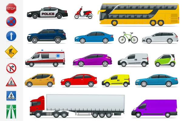 Düz yüksek-nitelik şehir ulaşım araçları ve yol işaretleri Icon set. Yan görünümü sedan, van, kargo kamyon, off-road, otobüs, scooter, motosiklet. Kentsel kamu, yük taşıma infographics ve tasarım için — Stok Vektör