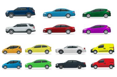 Düz yüksek kaliteli şehir taşıma arabası simge seti. Sedan, van, kargo kamyon, off-road. İçin Infographics, oyun araba için kentsel kamu ve yük taşımacılığı