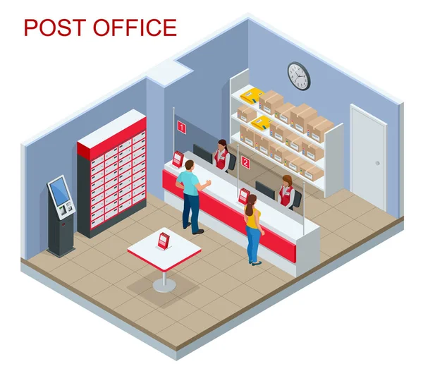 Isometrisk postkontor koncept. Ung man och kvinna väntar på ett paket i ett postkontor. Korrespondens isolerade vektorillustration — Stock vektor