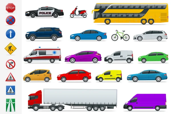 Conjunto de iconos de señales de tráfico y coches de transporte urbano de alta calidad planos. Sedán vista lateral, furgoneta, camión de carga, todoterreno, autobús, scooter, moto. Público urbano, transporte de mercancías para infografías y diseño — Vector de stock