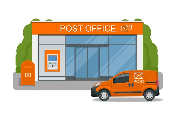 Servizio postale con postino in auto per la consegna. Illustrazione vettoriale isolata su sfondo. Illustrazione vettoriale isolata della corrispondenza — Vettoriale Stock