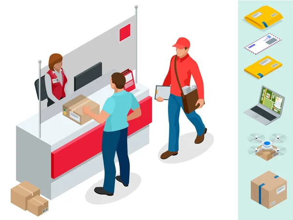 Isometric Post Office concept. Jeune homme attendant un colis dans un bureau de poste. Illustration vectorielle isolée par correspondance — Image vectorielle