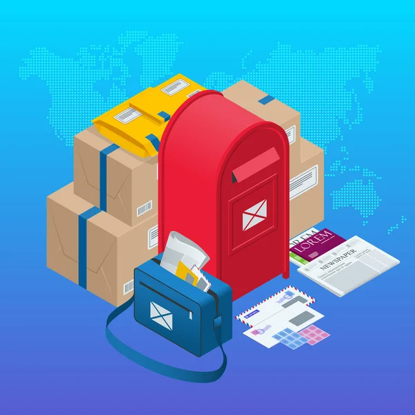 Isometrisk konceptet postkontor, postlåda, tidskrifter och tidningar, brev och andra attribut för posttjänster, peka av korrespondens leverans ikoner vektorillustration — Stock vektor