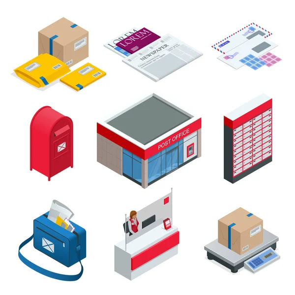 Conjunto isométrico de correos, cartero, sobre, buzón y otros atributos del servicio postal, iconos del punto de entrega de correspondencia . — Vector de stock