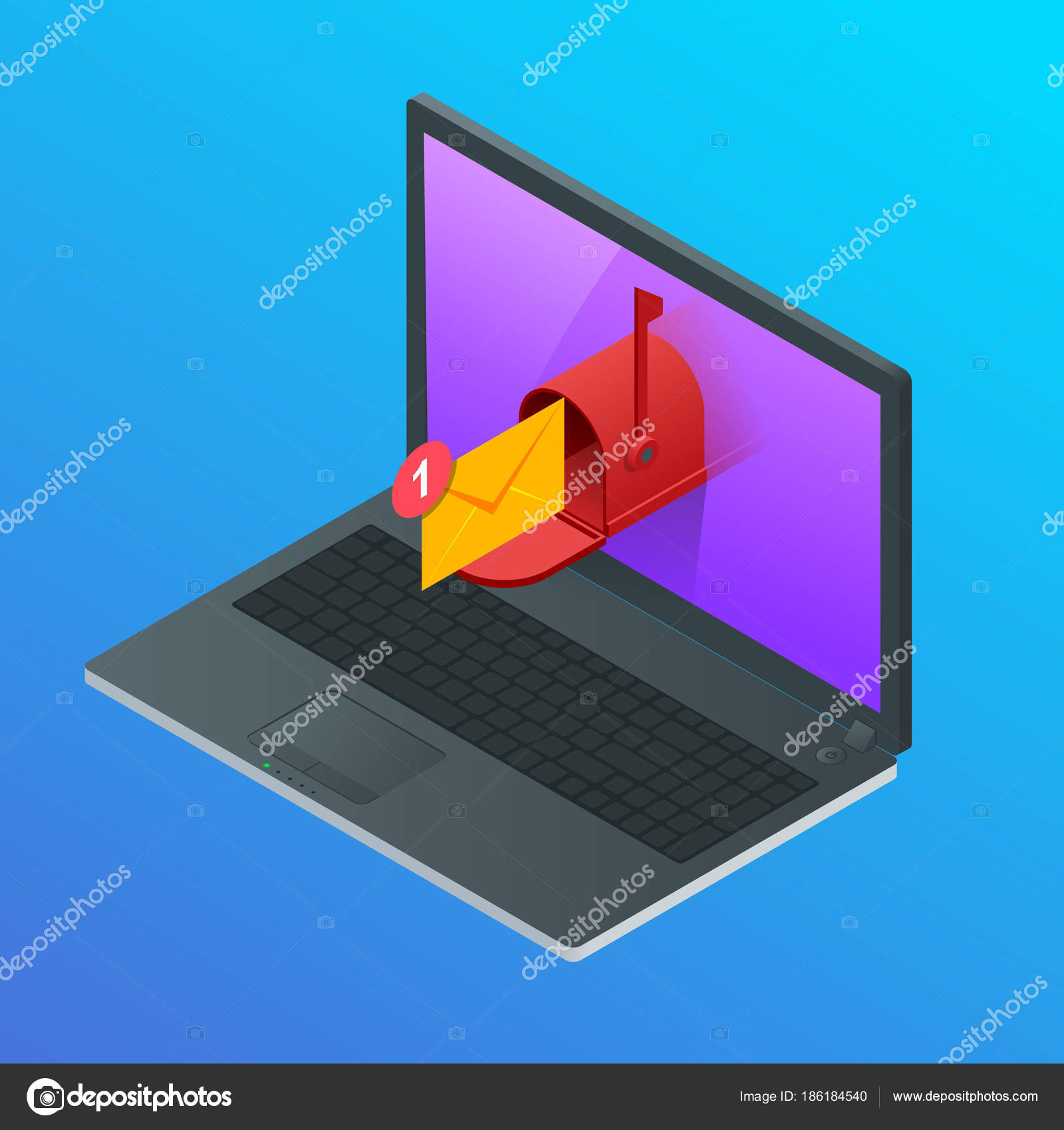 Isometric Letter And Mailbox Flying Out Of Laptop Screen Concept