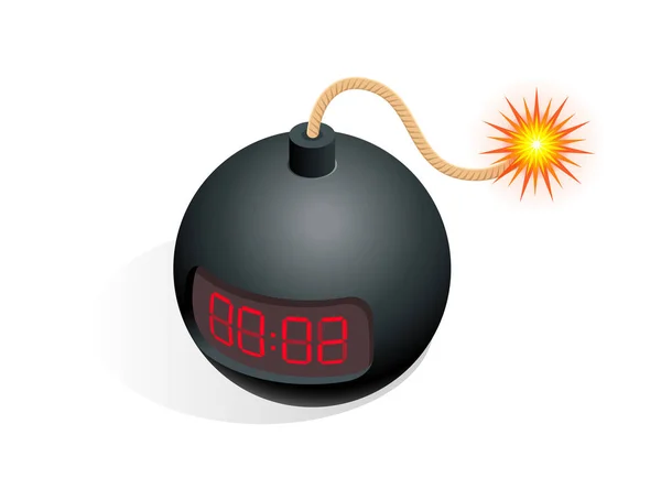 Icono de la bomba isométrica. Ilustración vectorial Bomba de tiempo TNT explosiva con reloj temporizador digital de cuenta atrás aislado sobre fondo blanco — Vector de stock