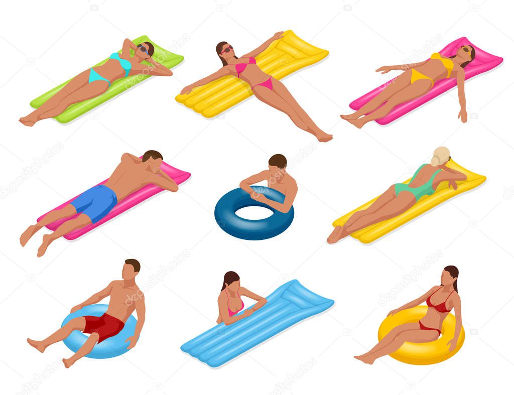 Isometric man and woman on Floating air mattress. Vector illustration. Enjoying suntan. Travel, holidays, youth and friendship concept