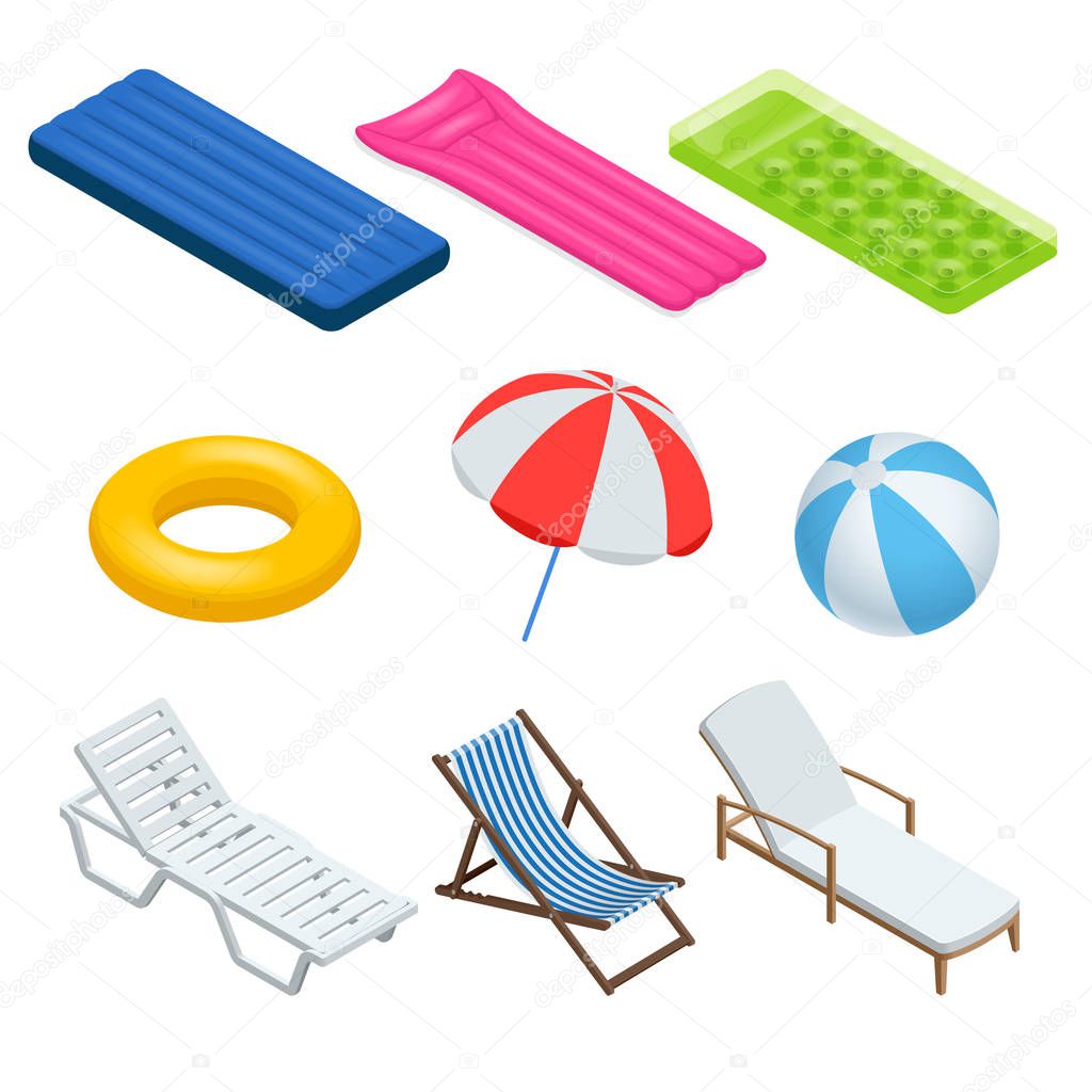 Isometric icons set of Beach elements and objects. Isolated Vector Illustration. Beach umbrellas, sunbeds, chairs, games, air mattress for swimming and beach. Enjoying suntan.