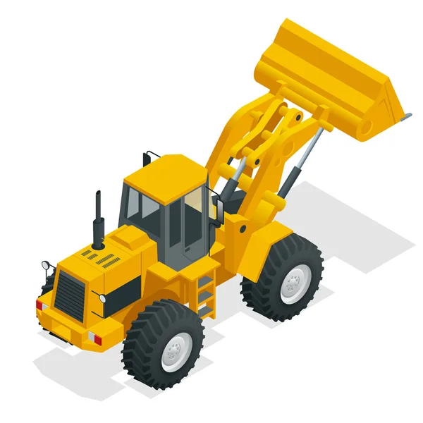 Ilustração vetorial isométrica trator bulldozer amarelo, máquina de construção, bulldozer isolado em branco. Carregador de roda amarela, veículo industrial. Camião pneumático. Equipamento de fabricação — Vetor de Stock