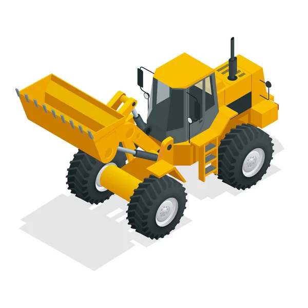 Ilustración isométrica Vector tractor bulldozer amarillo, máquina de construcción, bulldozer aislado en blanco. Cargador de Ruedas Amarillas, Vehículo Industrial. Camión neumático. Equipos de fabricación — Vector de stock