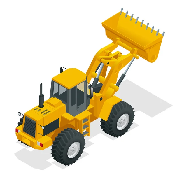 Ilustración isométrica Vector tractor bulldozer amarillo, máquina de construcción, bulldozer aislado en blanco. Cargador de Ruedas Amarillas, Vehículo Industrial. Camión neumático. Equipos de fabricación — Archivo Imágenes Vectoriales