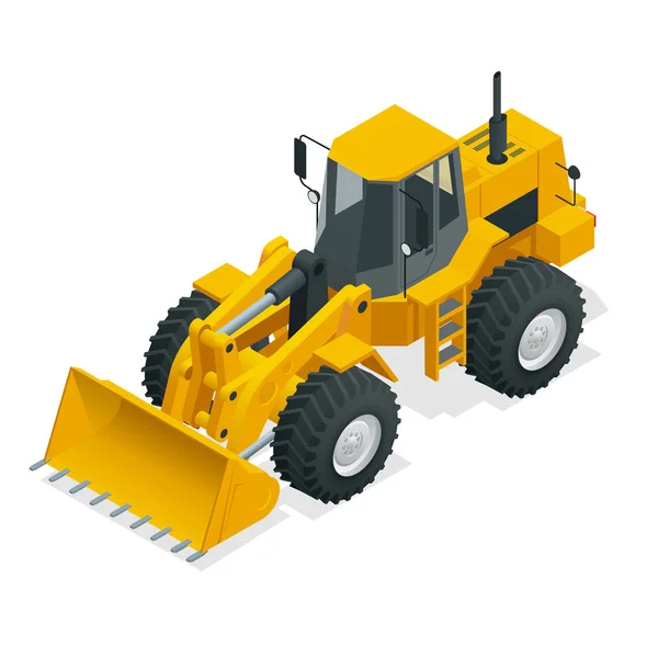 Isometrisk vektor illustration gul bulldozer traktor, anläggningsmaskin, bulldozer isolerade på vitt. Gula hjullastare, industriella fordon. Pneumatiska lastbil. Utrustning för tillverkning — Stock vektor